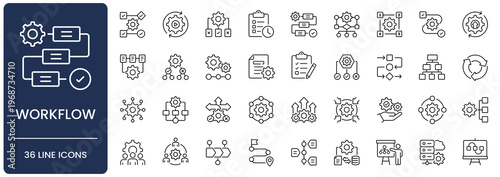 Workflow line icon set. Collection of business process, automation, project management and organization outline vector symbols with editable stroke.