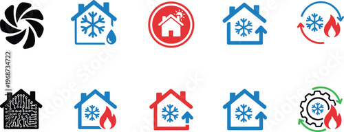 Heating cooling ventilation smart home icons set, HVAC system vector illustration with energy efficiency, air conditioning, temperature control, and environmental technology 