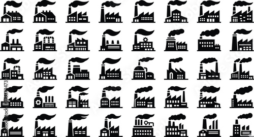 Industrial factory icons grid with smokestacks emitting smoke, pollution silhouettes, manufacturing buildings, industrialization concept, black vector illustration of diverse factory 