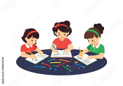 Flat style vector illustration of children writing and drawing at school desks with notebooks and crayons, creative learning activity in classroom education setting
