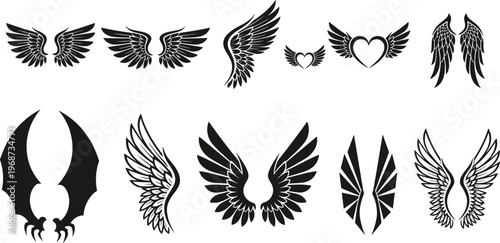 Large collection of black wing silhouettes featuring angel wings bird feathers bat wings and heart shapes for fantasy heraldry freedom and spiritual vector design.