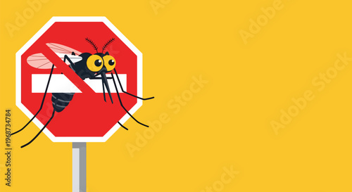 Mosquito character on stop sign vector illustration representing mosquito control ban prohibition and prevention measures against insects.