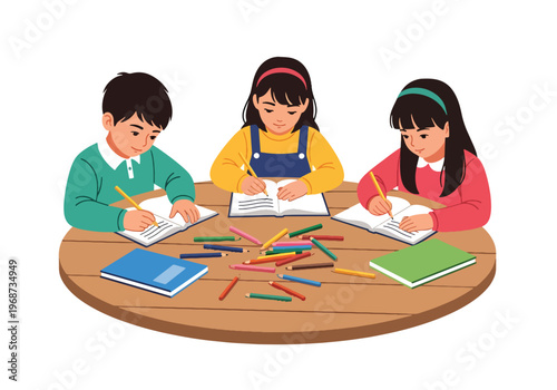 Flat style vector illustration of children writing and drawing at school desks with notebooks and crayons, creative learning activity in classroom education setting