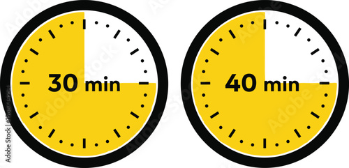 Pair of Circular Timer Icons Representing Thirty and Forty Minute Intervals with Yellow Progress Segments for User Interface and Management Design