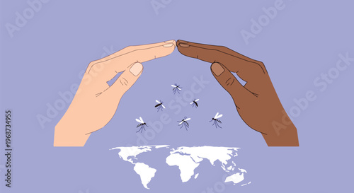 Two hands forming shelter over mosquitos above world map symbolizing global effort to combat malaria and protect planet.