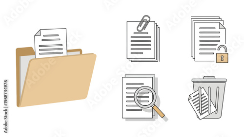 Folder with documents and paperwork icons with magnifying glas