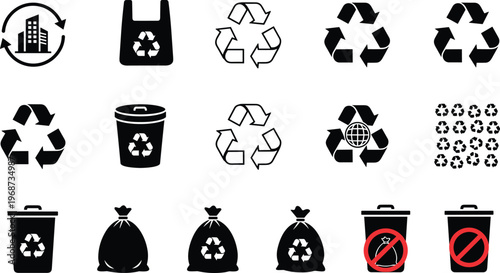 Recycling and waste management icon set, sustainability vector illustration with bins, trash bags, eco symbols, environmental conservation and green design elements for projects