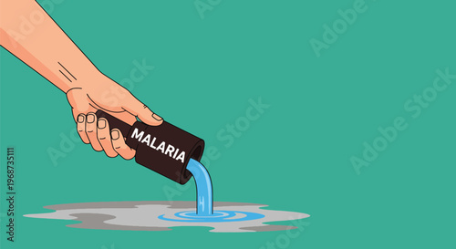 Hand pours liquid labeled malaria from container into puddle symbolizing eradication and stopping spread of disease.