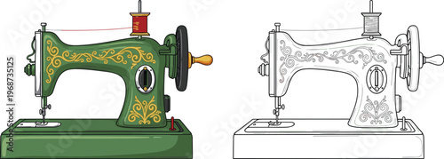 Vintage manual sewing machine illustration with ornate gold floral patterns and thread spool for tailor shop fashion design handicraft and traditional garment manufacturing vector.