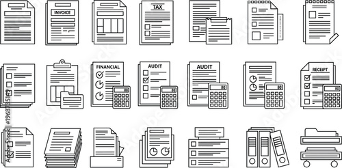 Document and File Management Icons Set Featuring Files, Folders, Forms, Calculators, and Office Tools for Websites and Apps