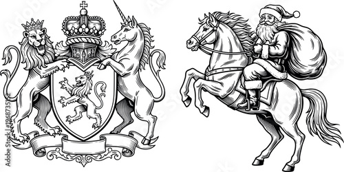 Vintage Heraldic Crest with Lion and Unicorn Emblems and Santa Claus Riding Horse for Symbolic, Christmas, and Royal Designs