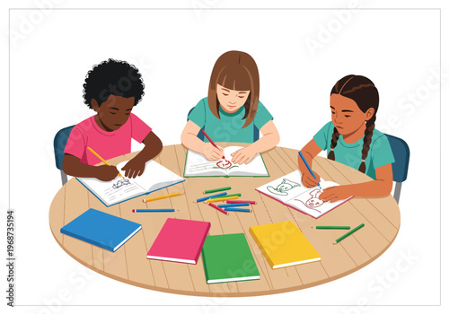 Flat style vector illustration of children writing and drawing at school desks with notebooks and crayons, creative learning activity in classroom education setting