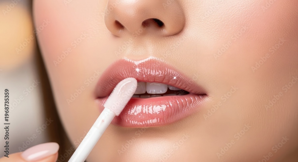 Naklejka premium Close up of a woman applying glossy lip gloss to her plump lips showcasing a beauty and makeup routine