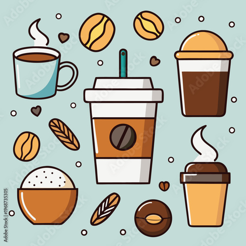 Abstract coffee cup and beans with swirling steam on pastel background