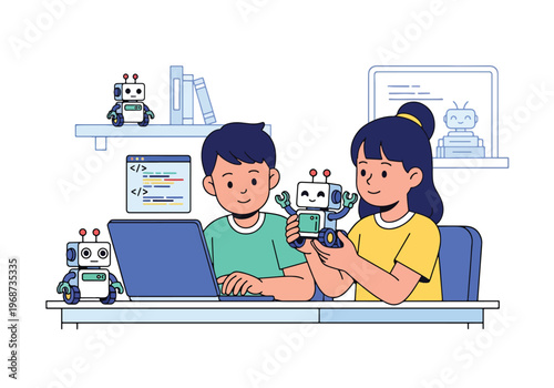 Flat style vector illustration of children learning coding and robotics with laptop and robot, modern STEM education concept for young students in classroom