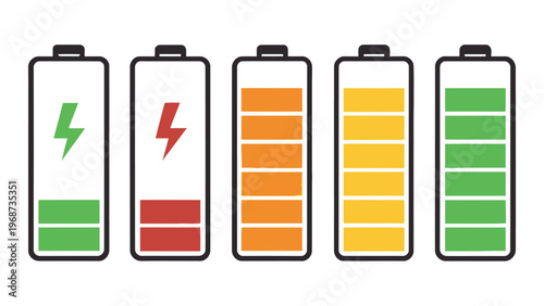 A vector graphic illustration of five battery icons with different charge levels