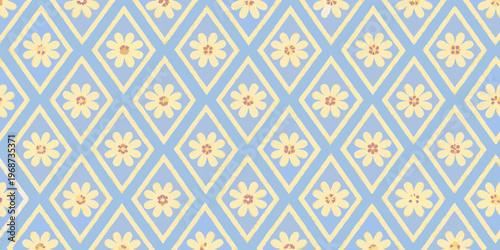 Repeating pattern of yellow flowers and blue diamond shapes