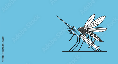 Giant mosquito and medical syringe, symbolizing vaccination or medical treatment against insect-borne diseases for public health.
