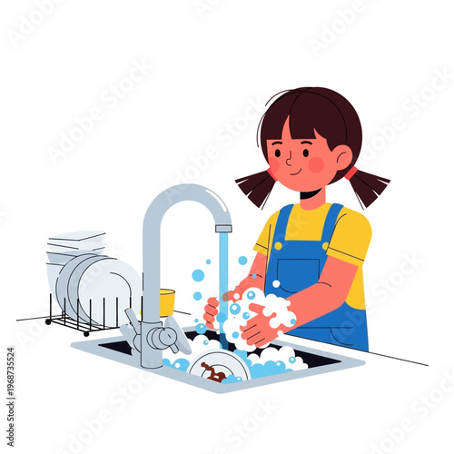 Young girl washing dishes in kitchen sink with soap and bubbles, hygiene concept