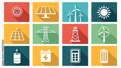 A colorful vector graphic illustration of various renewable energy icons and symbols