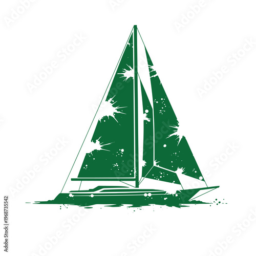 Dark green silhouette of a sailboat with ink splatter and paint drip effects on the sails and hull isolated on a white background