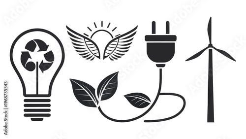 A set of eco-friendly icons representing sustainable energy and recycling