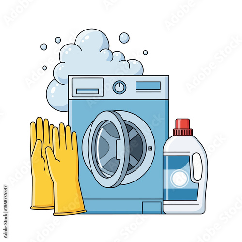 Washing Machine, Detergent Bottle, and Yellow Gloves with Soap Bubbles - Laundry Concept