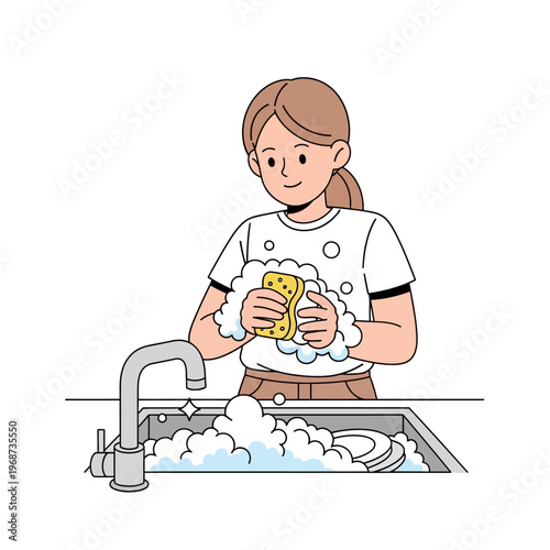 Young Woman Washing Dishes in Kitchen Sink with Soap Suds