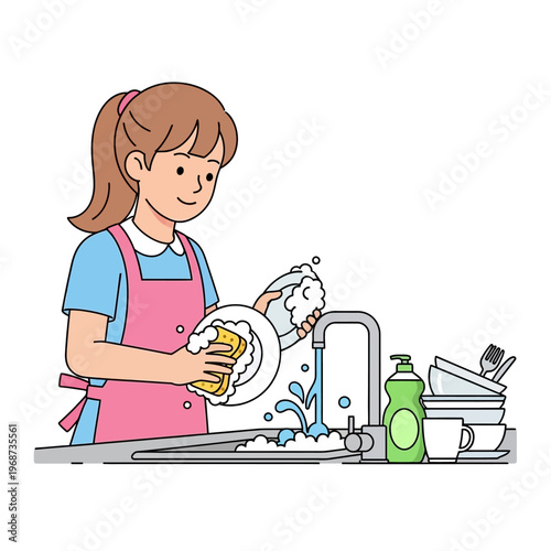 Young Woman Washing Dishes with Sponge and Soap in Kitchen Sink