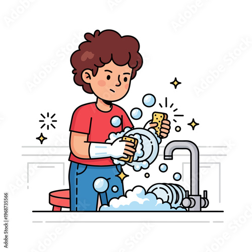 Boy washing dishes in kitchen sink with soap suds and bubbles, domestic chore illustration