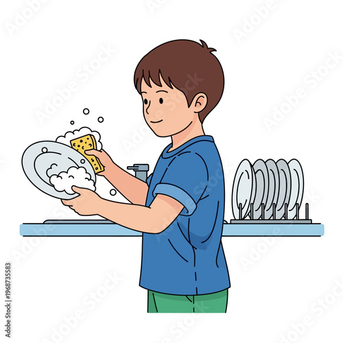 Boy washing dishes in kitchen sink with sponge and bubbles, chore illustration