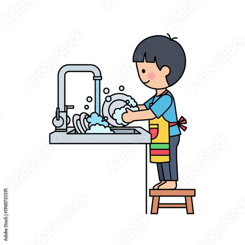Boy washing dishes in kitchen sink, wearing apron, cartoon style