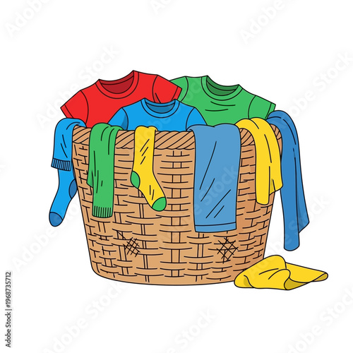 Wicker Laundry Basket Overflowing with Colorful Clothes and Socks