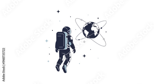 Illustration commemorating International Day of Human Space Flight featuring a spacewalk with a floating astronaut in orbit, Earth, satellites, and stars against a clean white background