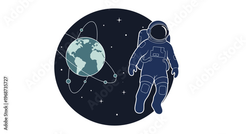 Vector illustration features an astronaut floating in orbit, showcasing a spacewalk with Earth, satellite, and stars against a dark galaxy background, designed with clean lines for business