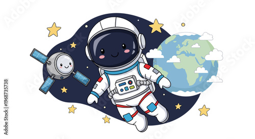 Whimsical vector illustration depicting a spacewalking astronaut in orbit with Earth and a satellite, designed with a cute, cartoon-like style against a starry galaxy background, invoking
