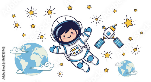 Illustration celebrating International Day of Human Space Flight showing a happy cartoon astronaut floating in orbit near Earth and a satellite, against a white background scattered