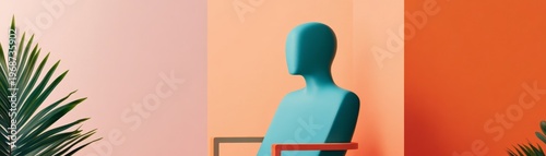 Serene abstract teal figure against a vibrant color-block backdrop of pink, peach and orange walls with tropical foliage, embodying modern minimalist design. ,Contemporary, Aesthetic