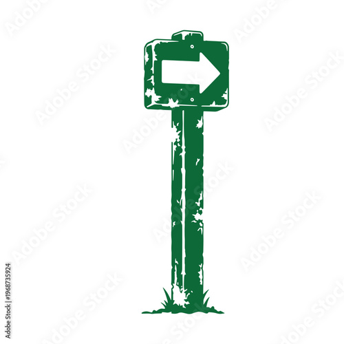 Distressed green road sign with a white right pointing arrow on a post isolated on a white background with a weathered texture and paint chips