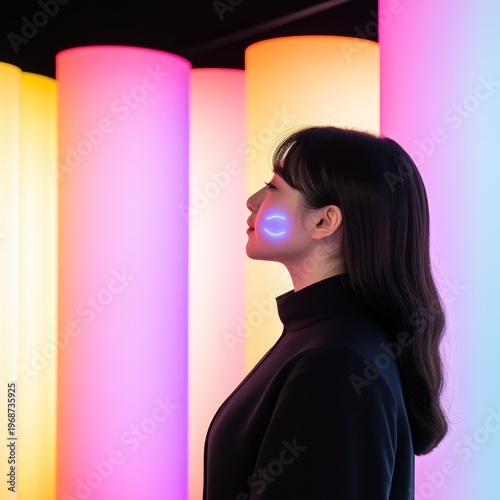 Serene woman's profile with glowing blue cybernetic cheek mark, set against vibrant multi-color light columns. Merging human beauty with future tech., Futuristic ,Digital Art
