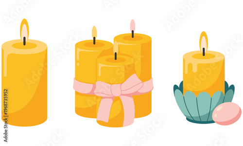 Vector graphic illustration of yellow candles in various designs and holders