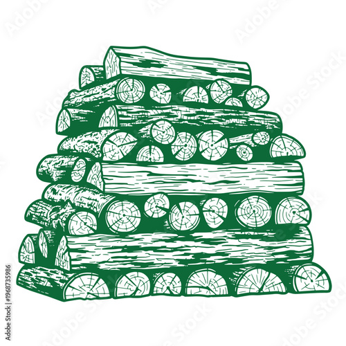 Green ink line of a stacked pile of chopped firewood logs showing circular tree rings and textured bark patterns isolated on a white background