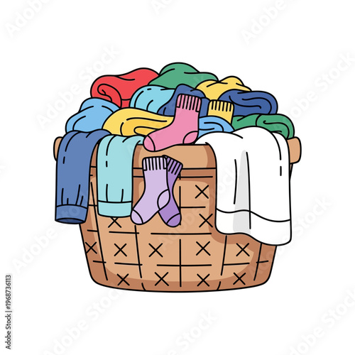 Laundry basket overflowing with colorful clothes and socks, clean laundry concept