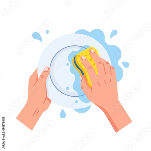 Hand Washing Plate with Sponge and Water Splashes - Clean Kitchenware Concept