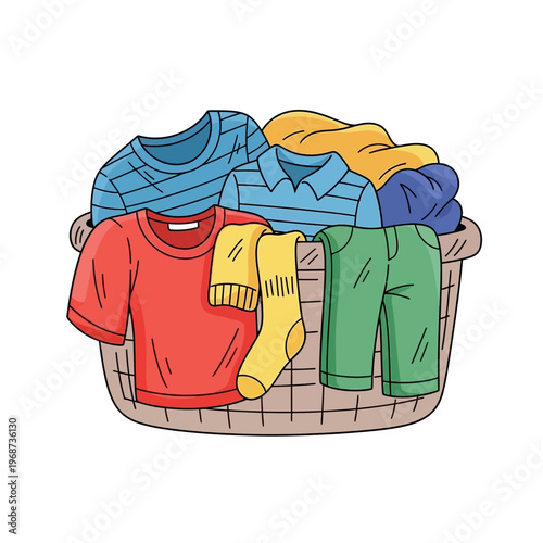 Laundry basket overflowing with colorful clothes, clean laundry, household chores, domestic life