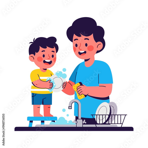 Father and son washing dishes together, happy family bonding, domestic chores