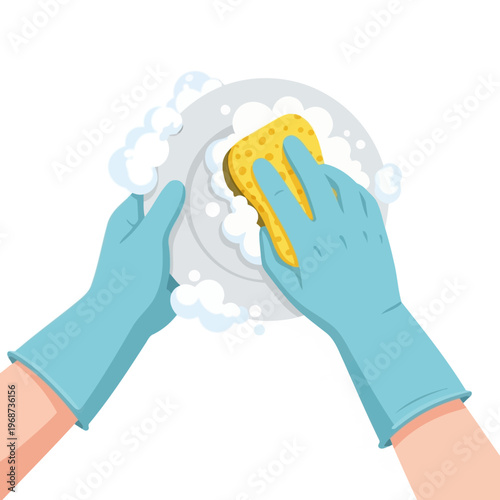 Hands in blue gloves washing dishes with yellow sponge and foam, cleaning kitchenware