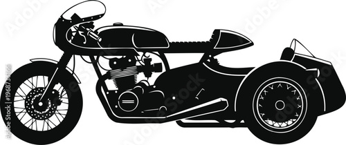 Professional flat vector silhouette of a classic custom cafe racer motorcycle with an attached sidecar.