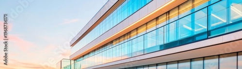 Sleek modern architecture A low-angle view of a glass facade building with blue sky reflections and warm interior lights against a serene sunset sky. Geometric, minimalist beauty.