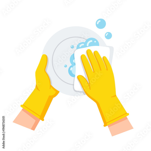 Hands in yellow gloves washing a plate with a sponge and bubbles, cleaning concept